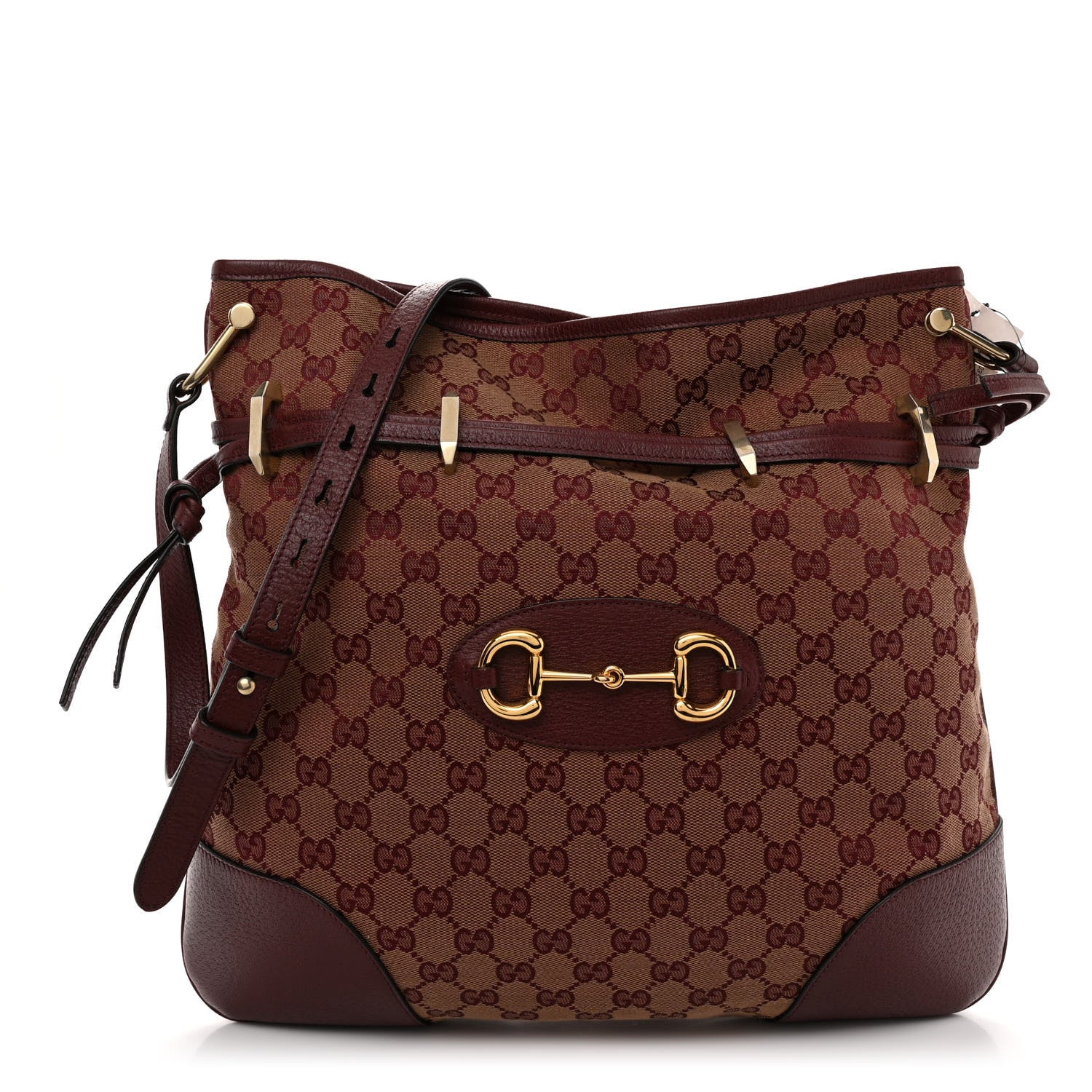 Gucci Monogram Textured Dollar Calfskin Horsebit 1955 Cinch Top Messenger Bag Sahara Rubino Chardonnay 1 of 9