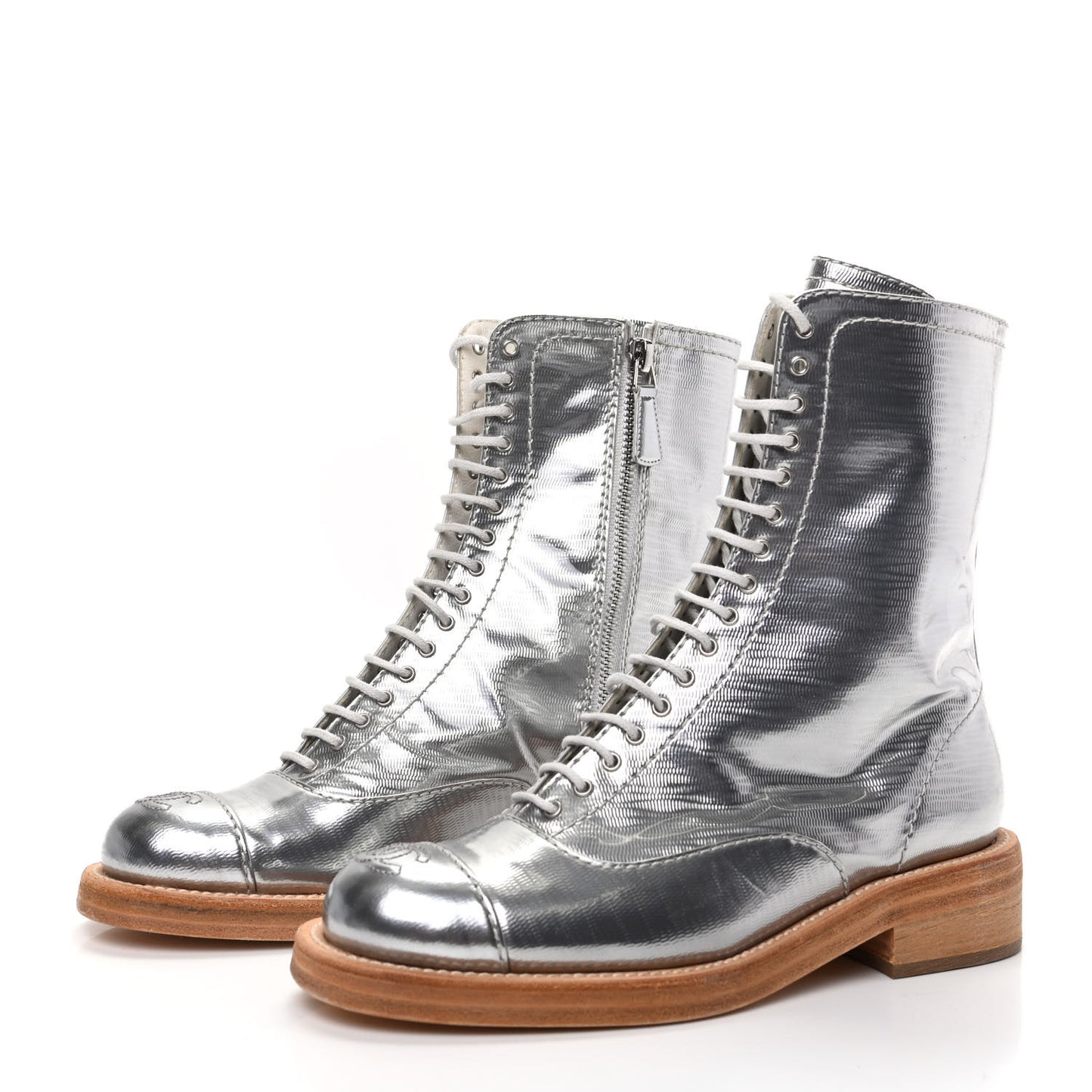 Fantasy Calfskin PVC Lace Up Combat Boots 36 Silver