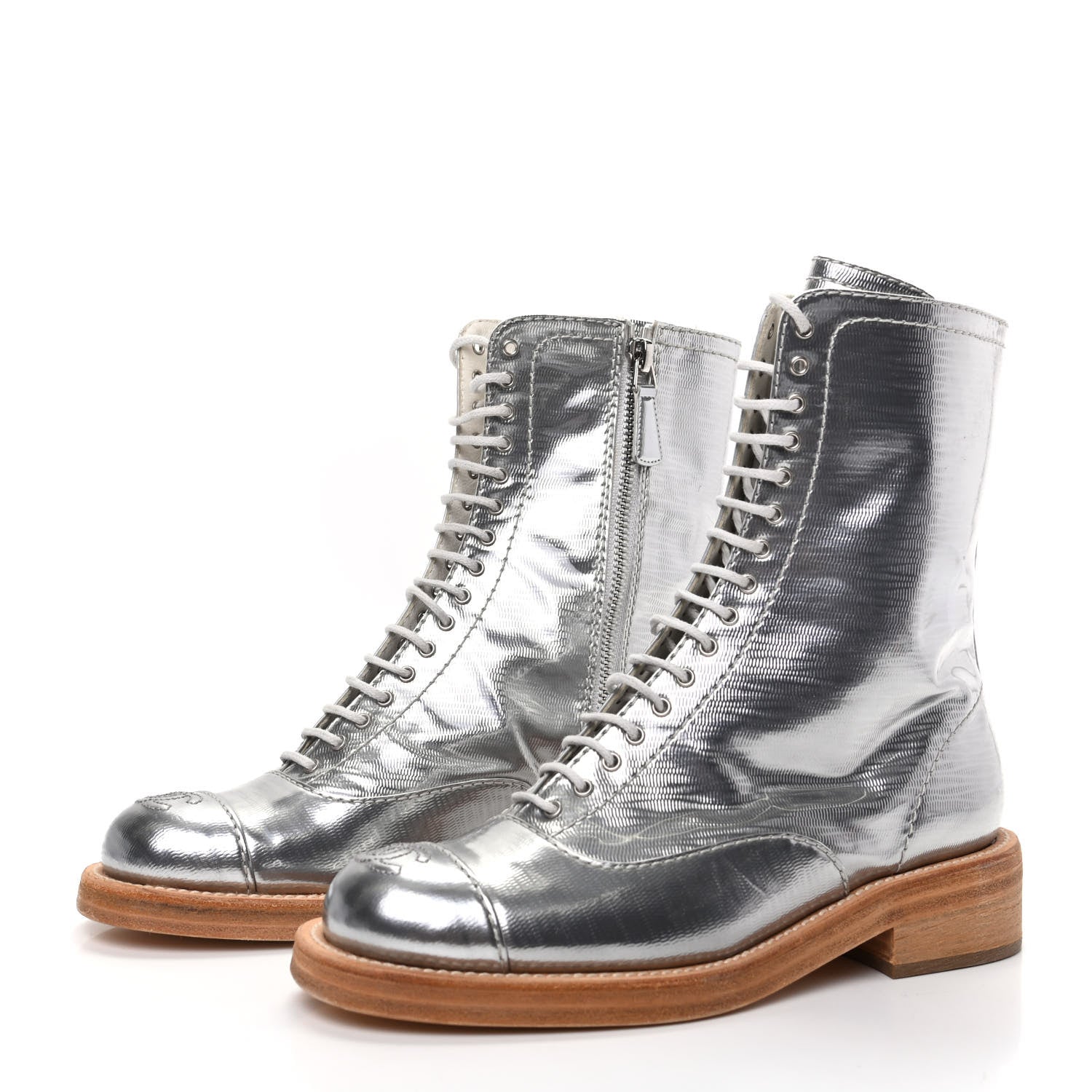 Chanel Fantasy Calfskin PVC Lace Up Combat Boots 36 Silver 3 of 6