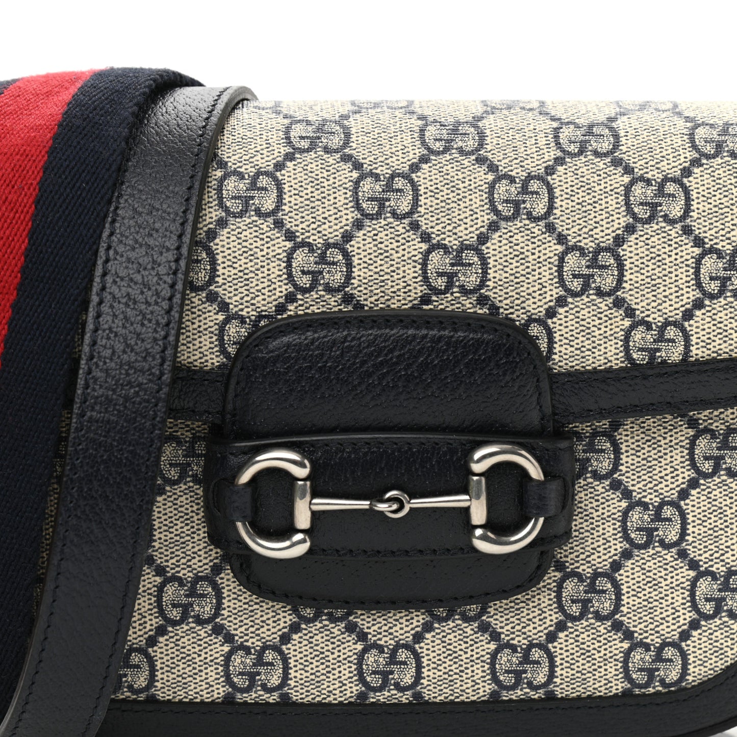 GG Supreme Monogram Textured Dollar Calfskin Web Mini Horsebit 1955 Shoulder Bag Beige Blue