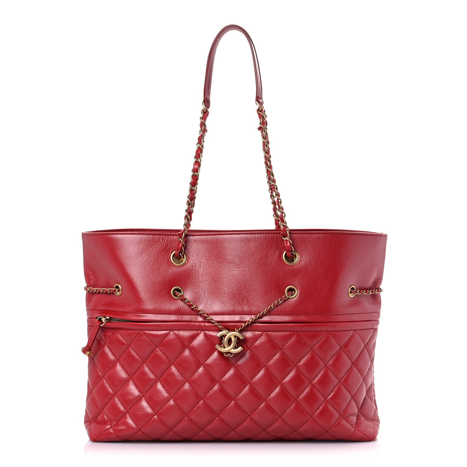 Chanel Aged Calfskin Quilted Drawstring Shopping Tote Red 1 of 10