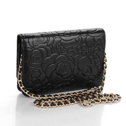 Chanel Lambskin Camellia Embossed Wallet on Chain WOC Black 3 of 8