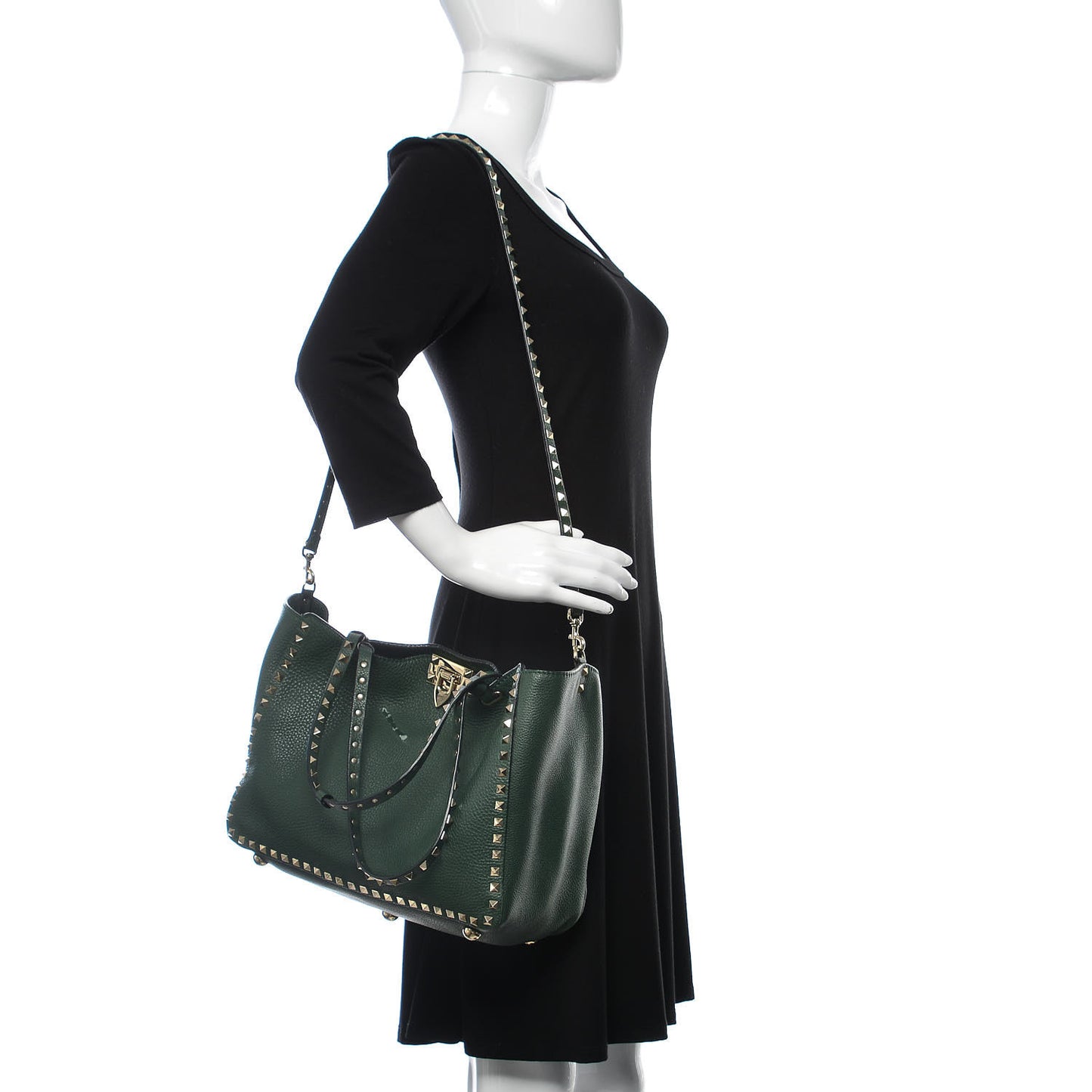 Pebbled Calfskin Medium Rockstud Tote Dark Green