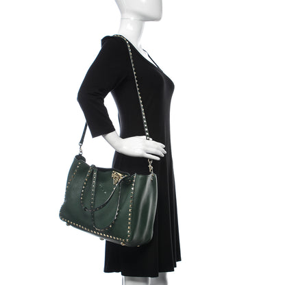 Valentino Garavani Pebbled Calfskin Medium Rockstud Tote Dark Green 2 of 13