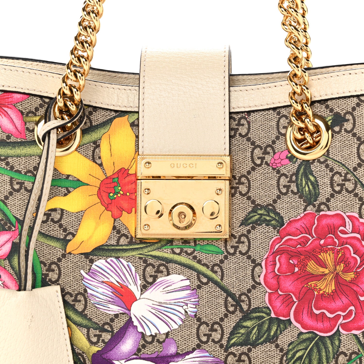 Gucci GG Supreme Monogram Flora Textured Calfskin Small Padlock Tote Beige Ebony Multicolor Mystic White 8 of 16