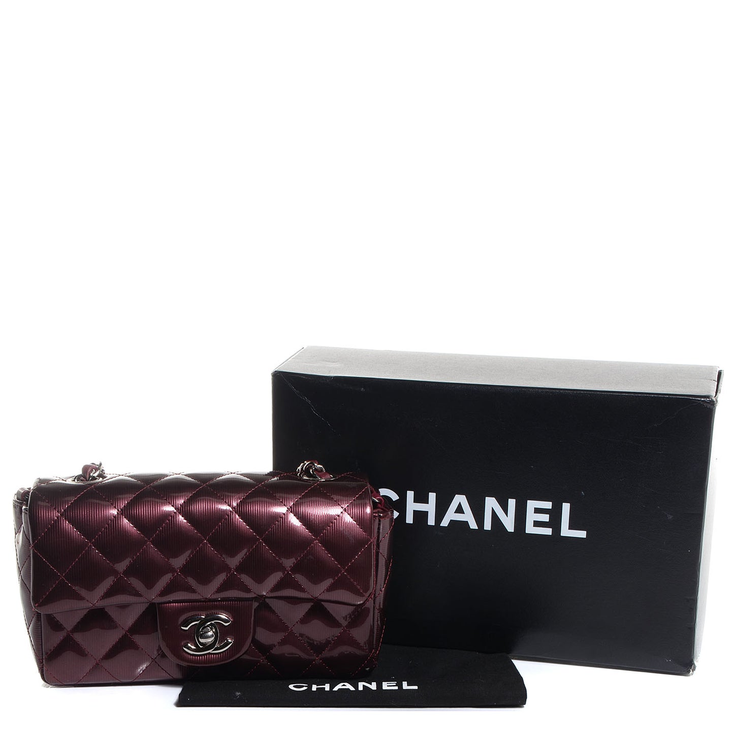 Striated Patent Quilted Mini Rectangular Flap Burgundy