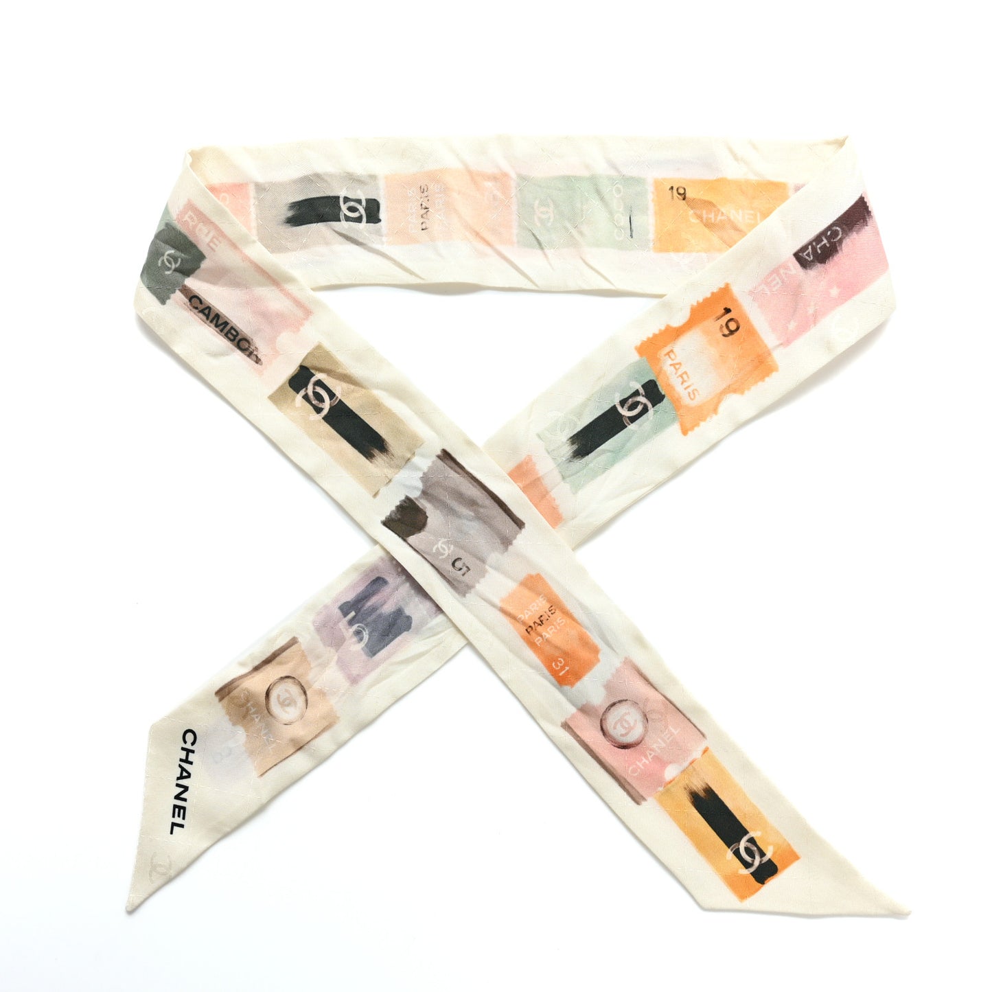 Silk Stamps Slim Bandeau Scarf Ivory Multicolor