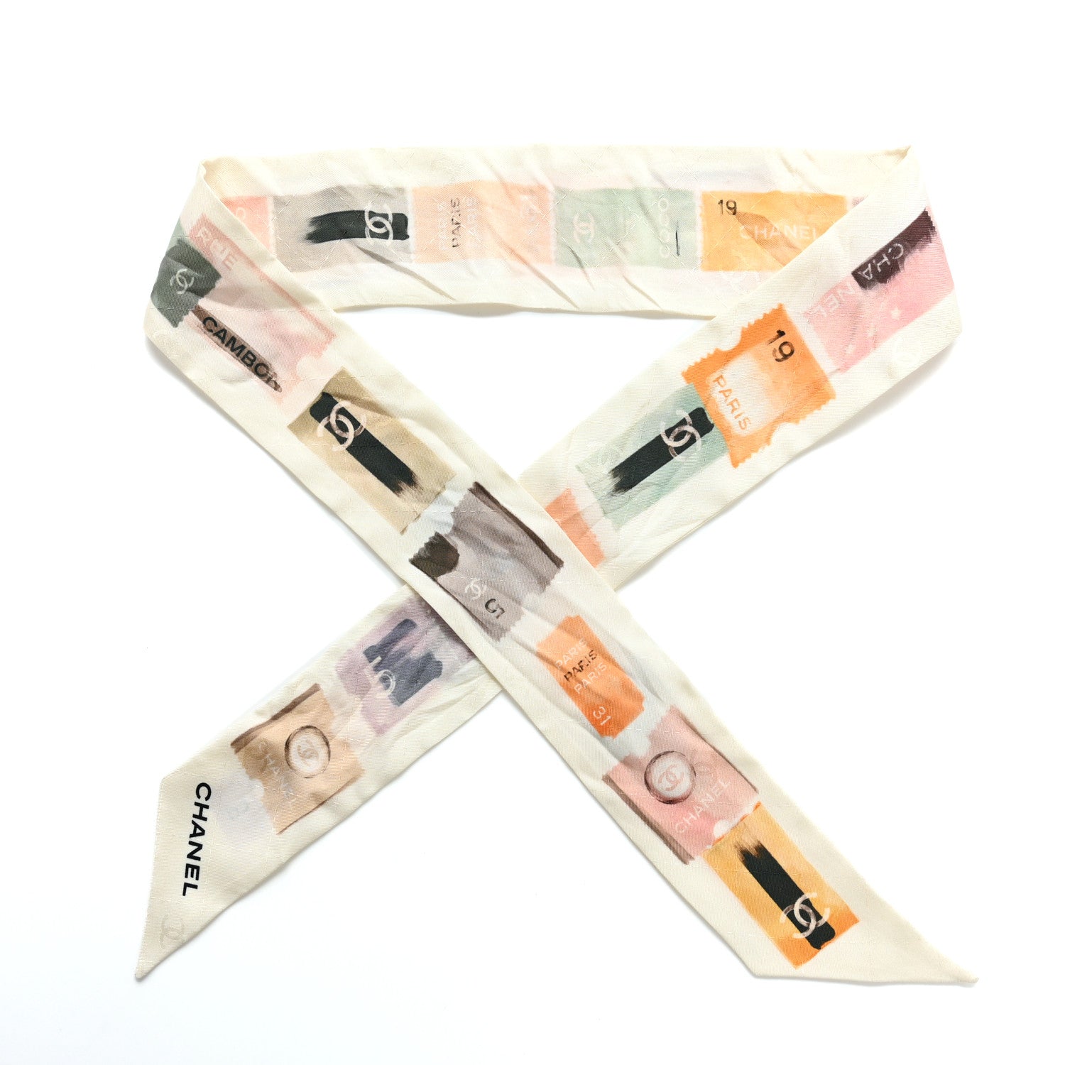 Chanel Silk Stamps Slim Bandeau Scarf Ivory Multicolor 1 of 3