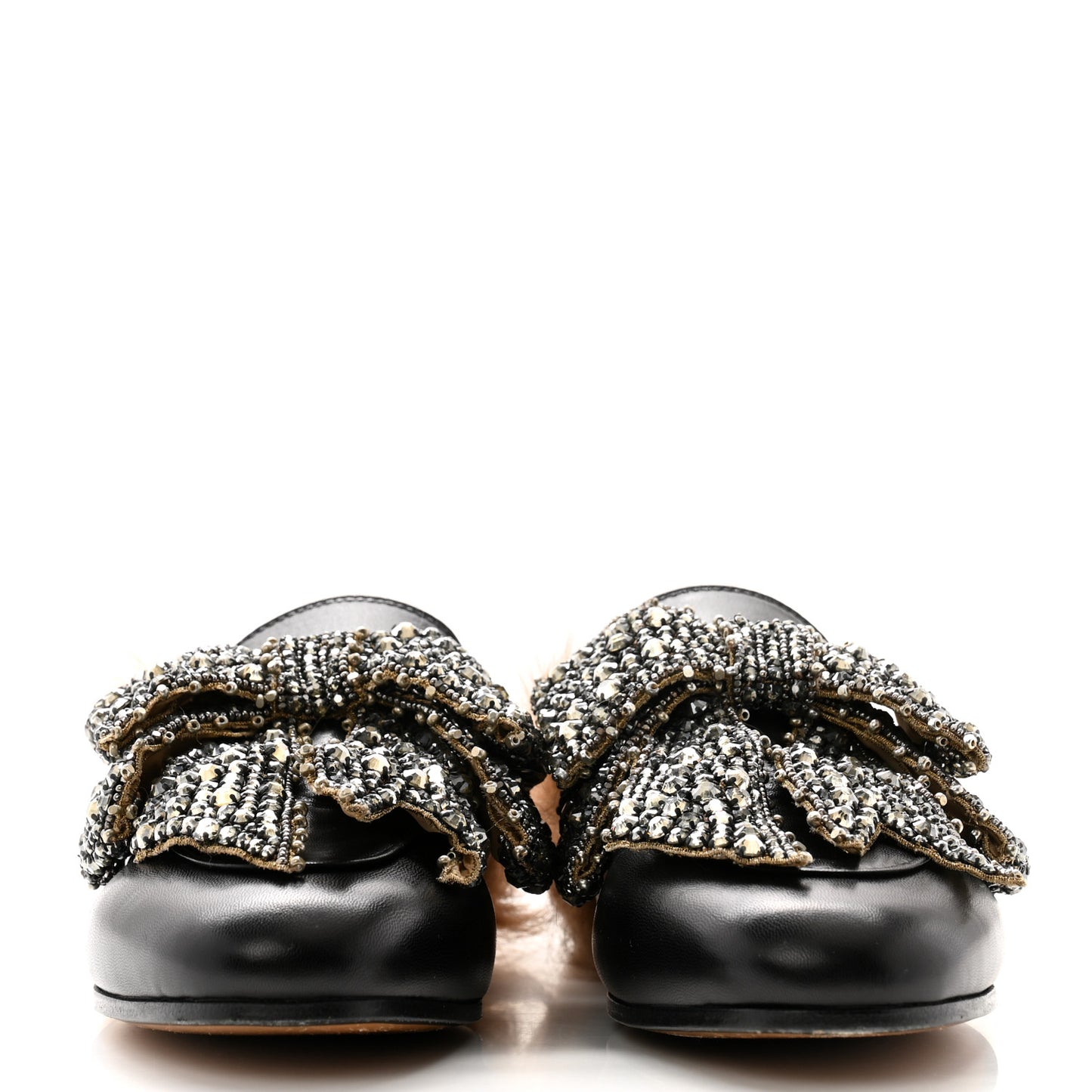 Malaga Kid Fur Crystal Bow Embroidered Womens Princetown Slippers 37 Black