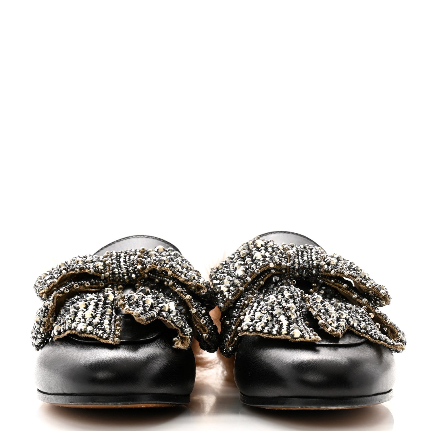 Gucci Malaga Kid Fur Crystal Bow Embroidered Womens Princetown Slippers 37 Black 2 of 7