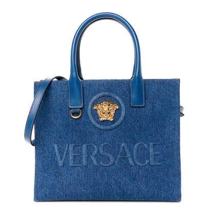 Versace Denim Calfskin La Medusa Small Tote Bag Blue 1 of 10