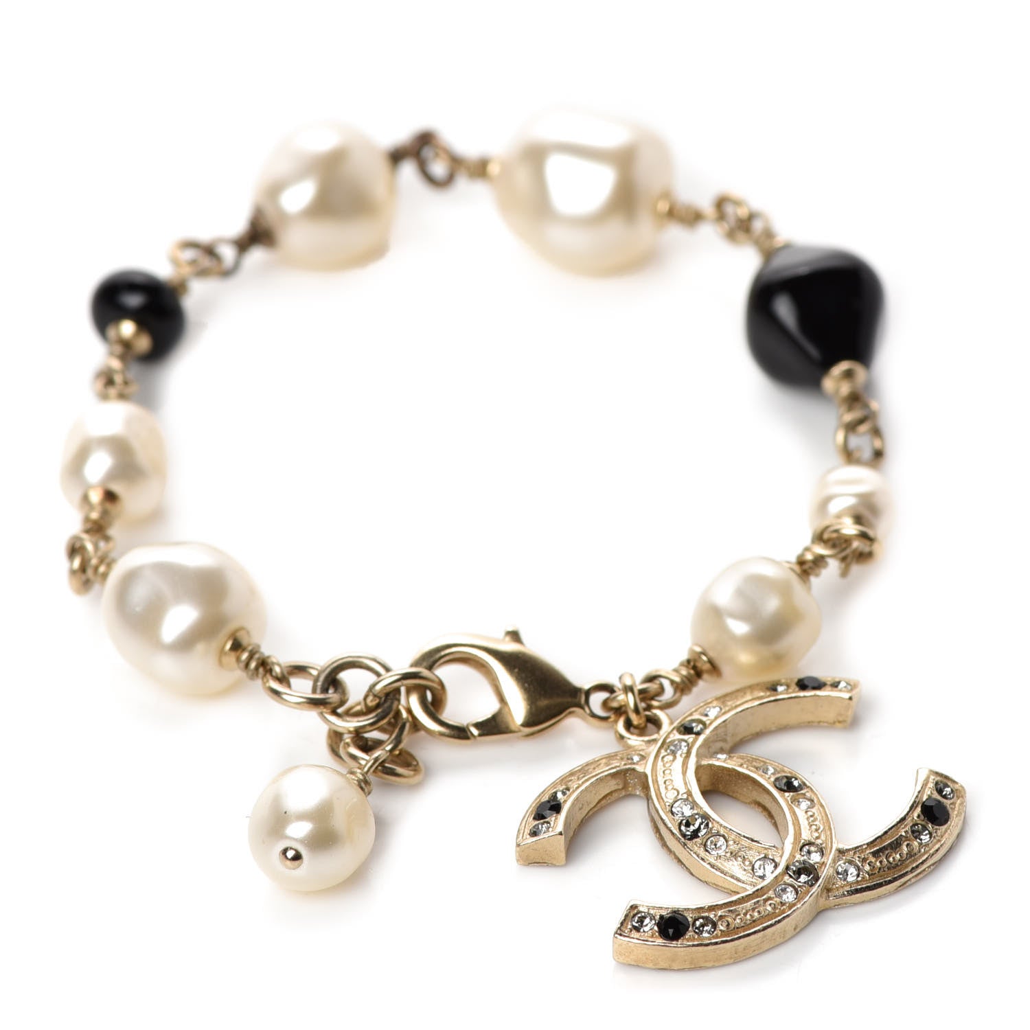 Chanel Pearl Crystal Beaded CC Bracelet Black Gold 1 of 4