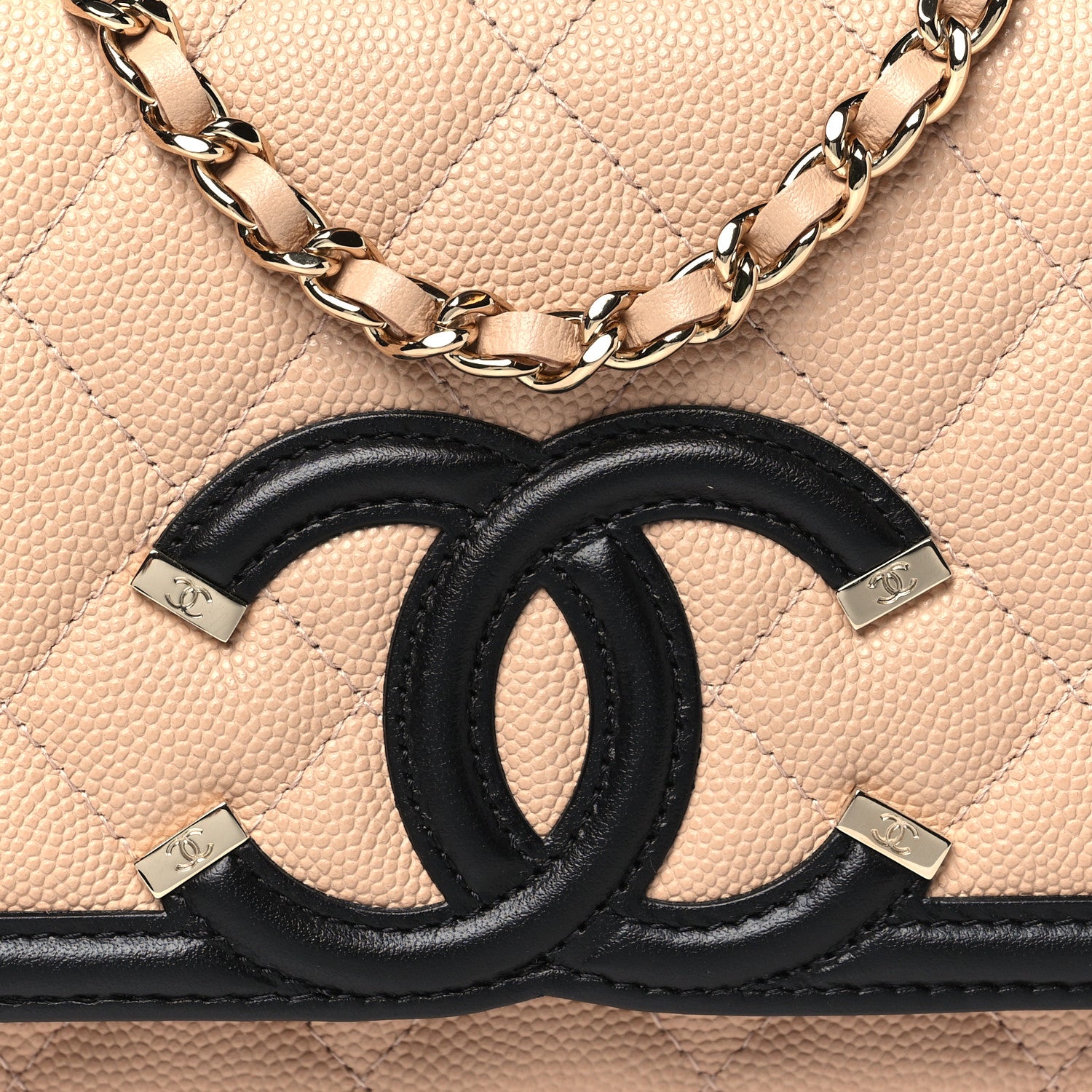 Chanel Caviar Quilted CC Filigree Wallet On Chain WOC Beige Black 9 of 12