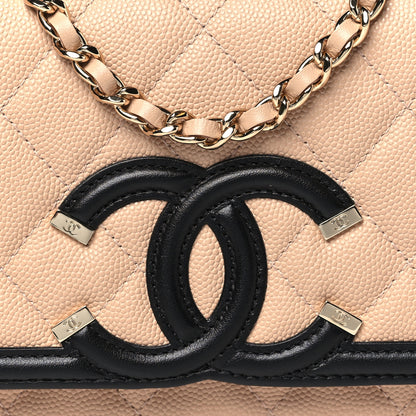 Chanel Caviar Quilted CC Filigree Wallet On Chain WOC Beige Black 9 of 12
