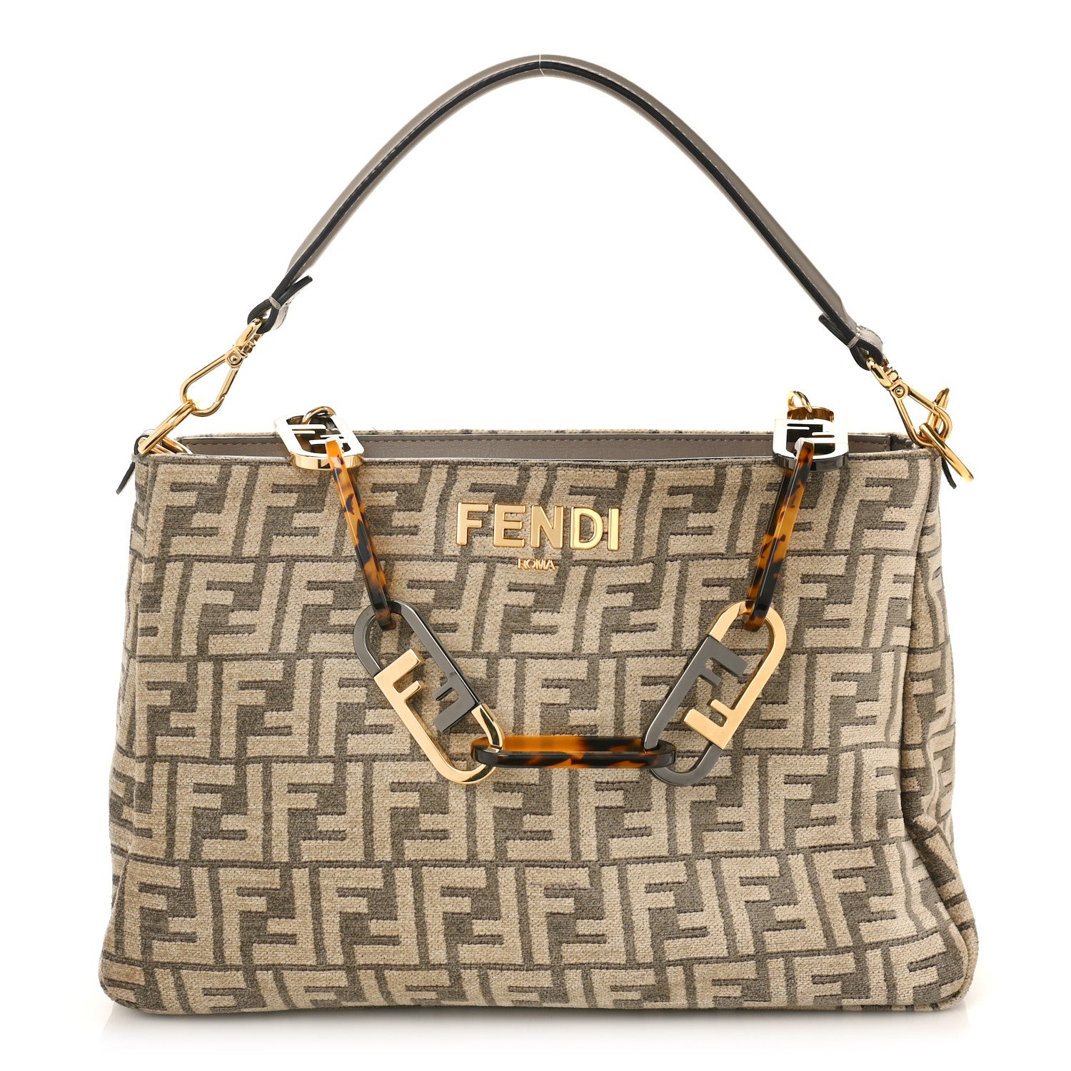 Fendi Chenille Vitello Seta Plexiglass FF Fendi O'Lock Zipper Tortora Nuvola 1 of 8