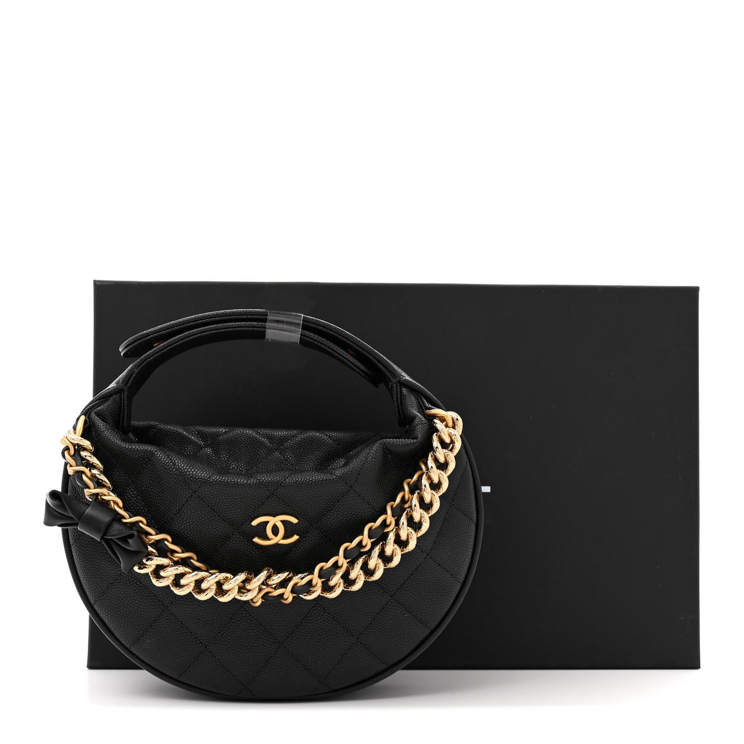 Shiny Caviar Quilted Bow Pouch Hobo Black