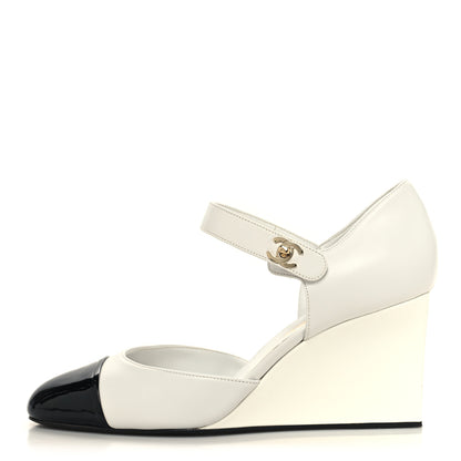 Chanel Lambskin Patent Cap Toe Mary Jane Wedge Pumps 41 White Black 1 of 9