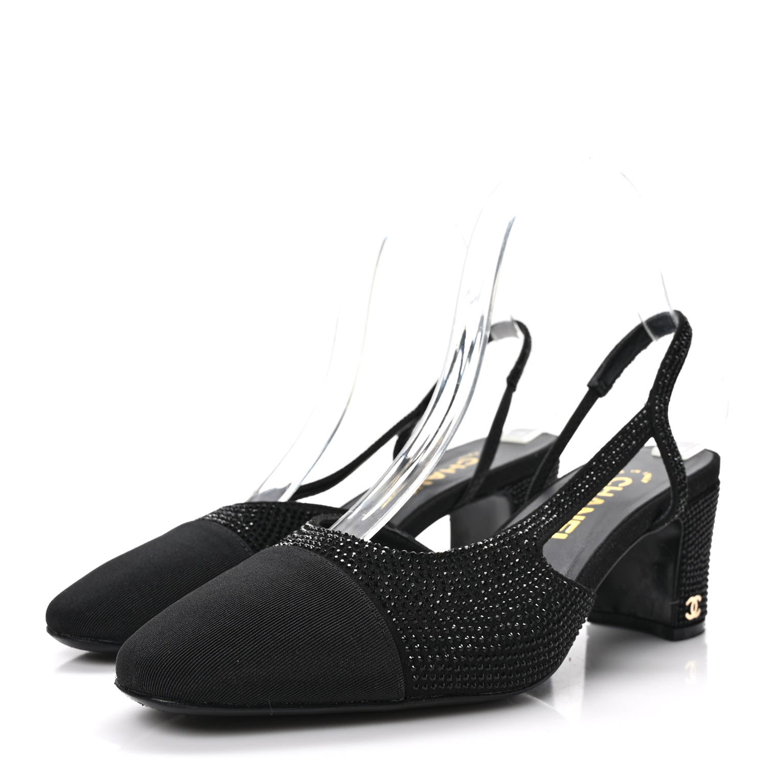 Chanel Strass Grosgrain Cap Toe CC Slingback Pumps 38 Black 3 of 7