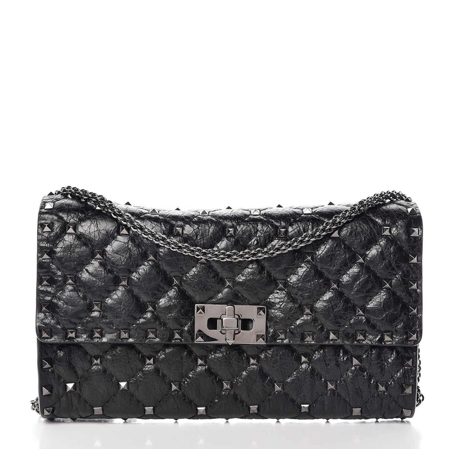 Craquele Nappa Rockstud Spike Wallet on Chain Black