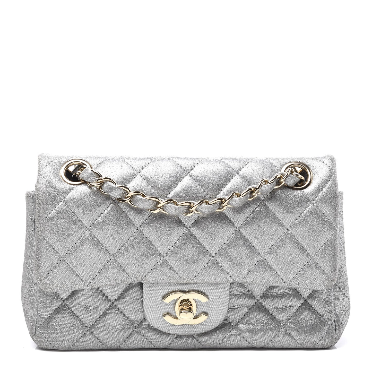 Iridescent Calfskin Quilted Mini Rectangular Flap Silver