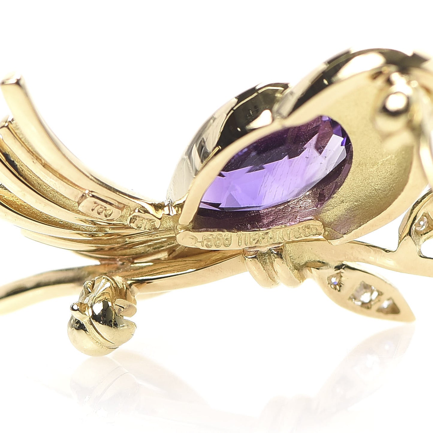 18K Yellow Gold Diamond Amethyst Bird Brooch Pin