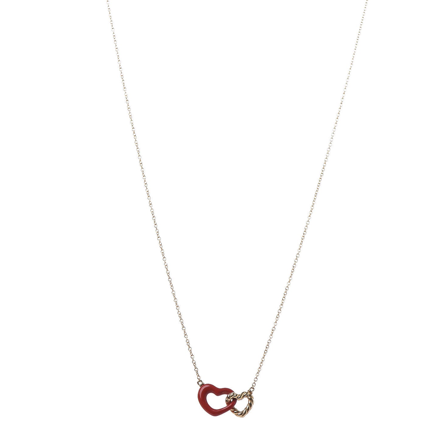 18K Yellow Gold Enamel Cable Double Heart Pendant Necklace Red