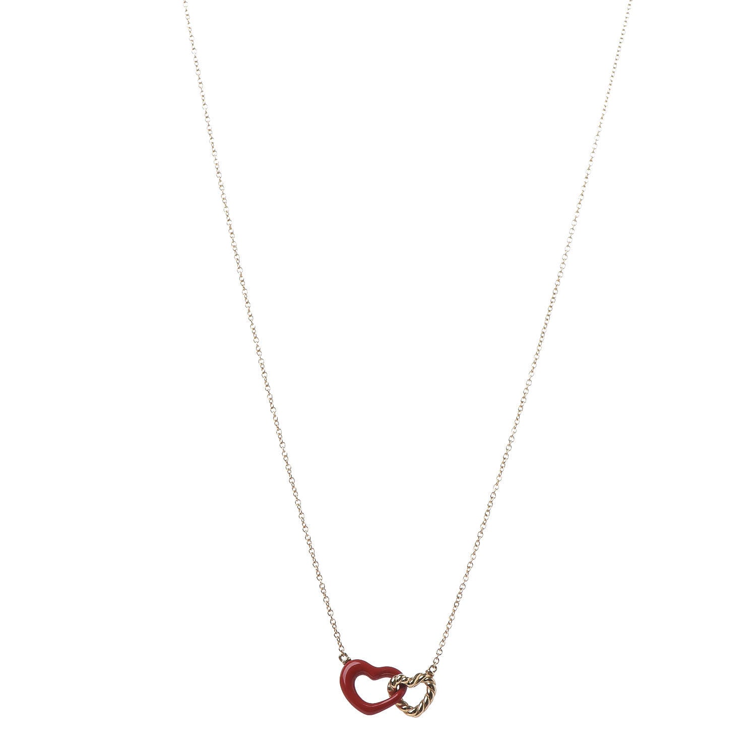 David Yurman 18K Yellow Gold Enamel Cable Double Heart Pendant Necklace Red 1 of 5