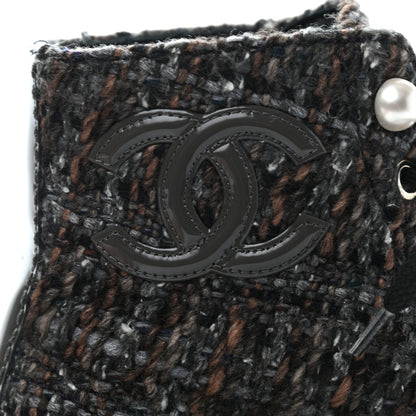 Chanel Tweed Patent Calfskin Pearl Combat Short Boots 37.5 Brown Black Grey 9 of 10