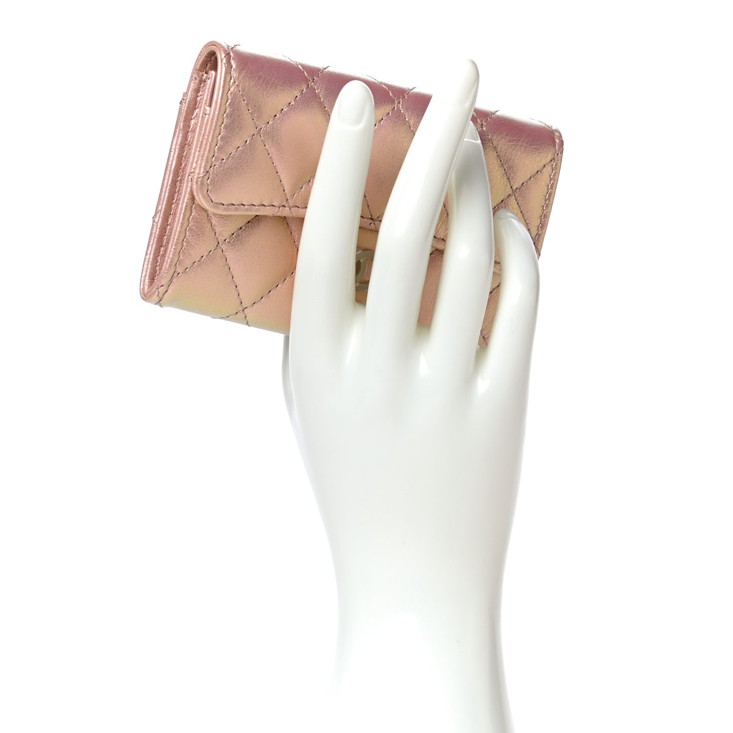 Iridescent Calfskin Quilted Flap Card Holder Wallet Pink