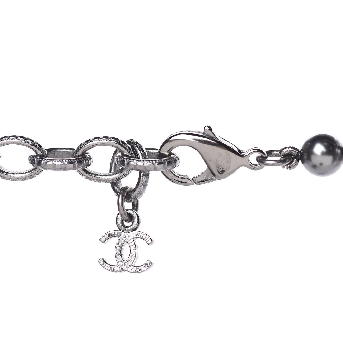 Ruthenium Crystal Baguette Pearl Beaded CC Long Necklace Black Grey