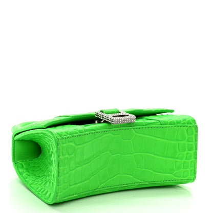 Balenciaga Shiny Calfskin Strass Crocodile Embossed Hourglass Top Handle Bag XS Fluo Green 4 of 10