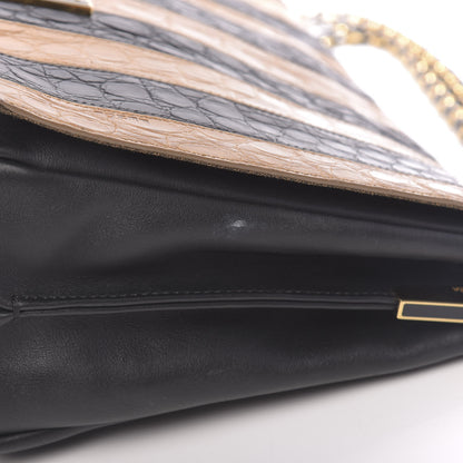 Fendi Calfskin Crocodile Embossed Striped Claudia Large Shoulder Bag Black 10 of 11