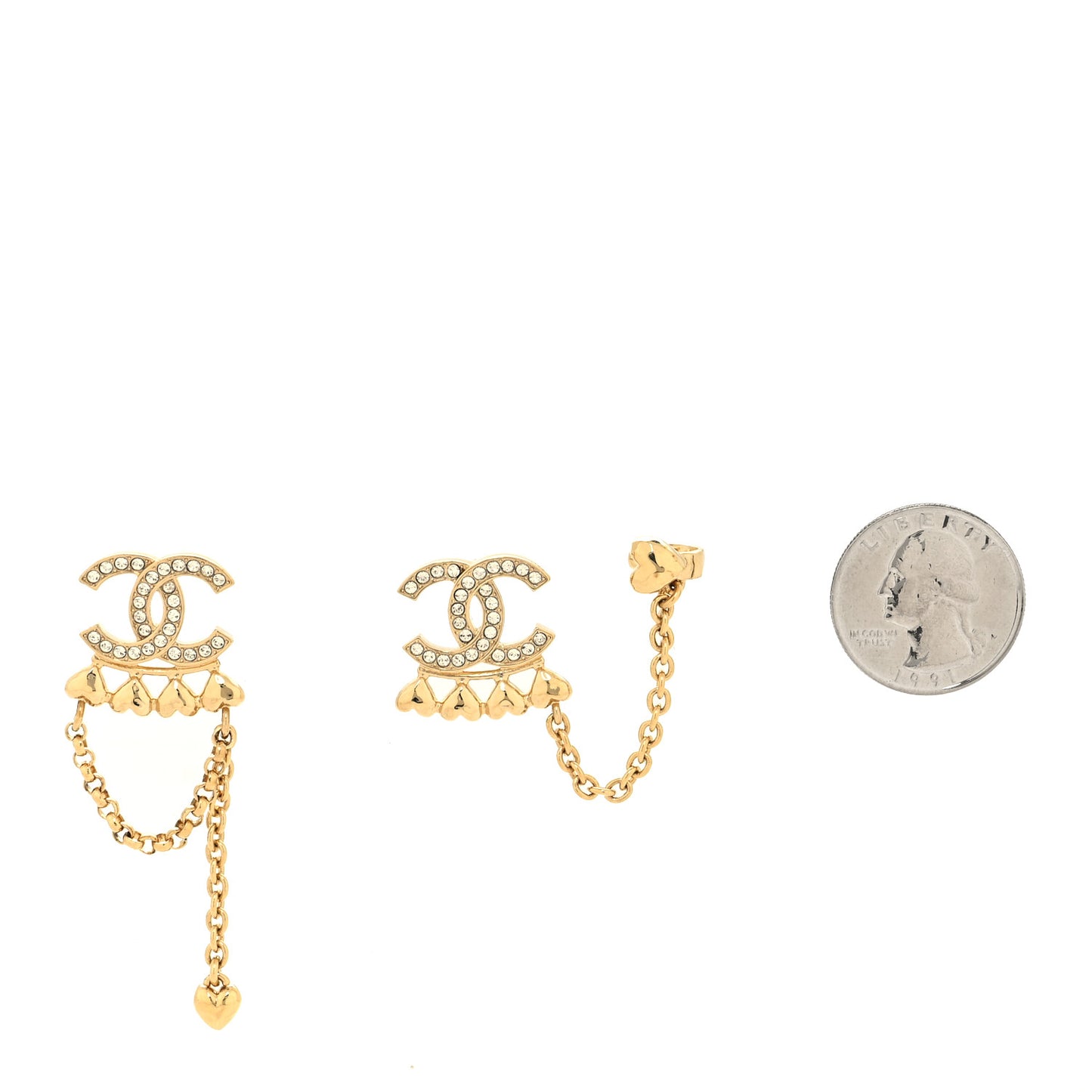 Metal Crystal CC Drop Heart Link Earrings Gold