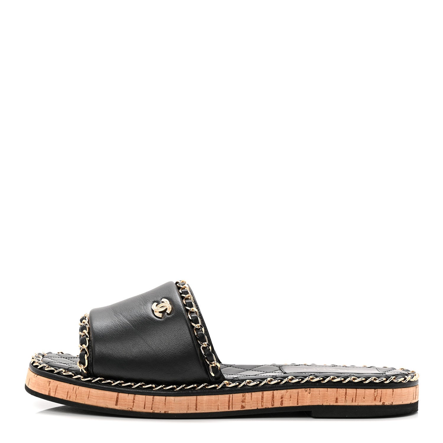Chanel Lambskin Chain Cork Slide Sandals 38 Black 1 of 9