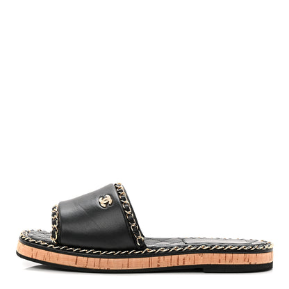 Chanel Lambskin Chain Cork Slide Sandals 38 Black 1 of 9