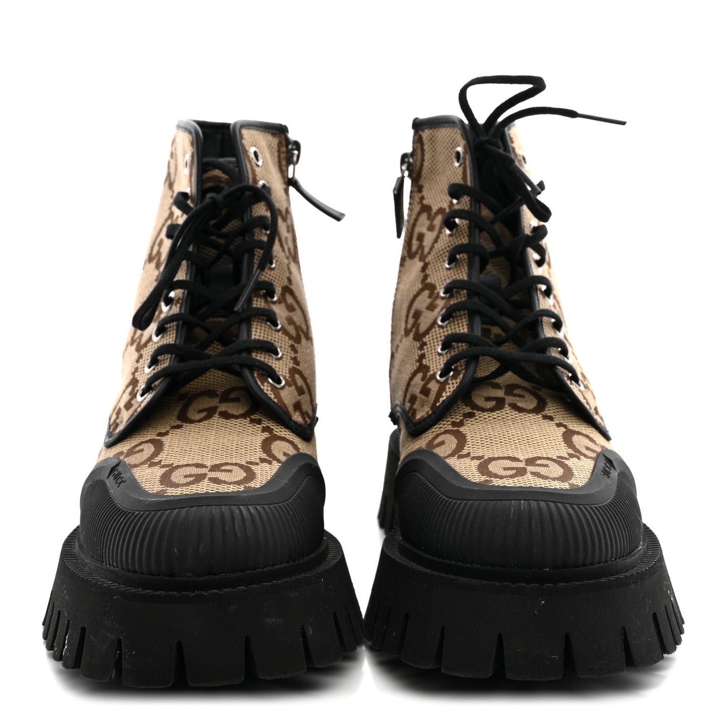 Monogram Jumbo GG Miro Soft Calfskin Mens Lace Up Combat Boots 8 Camel Ebony Black