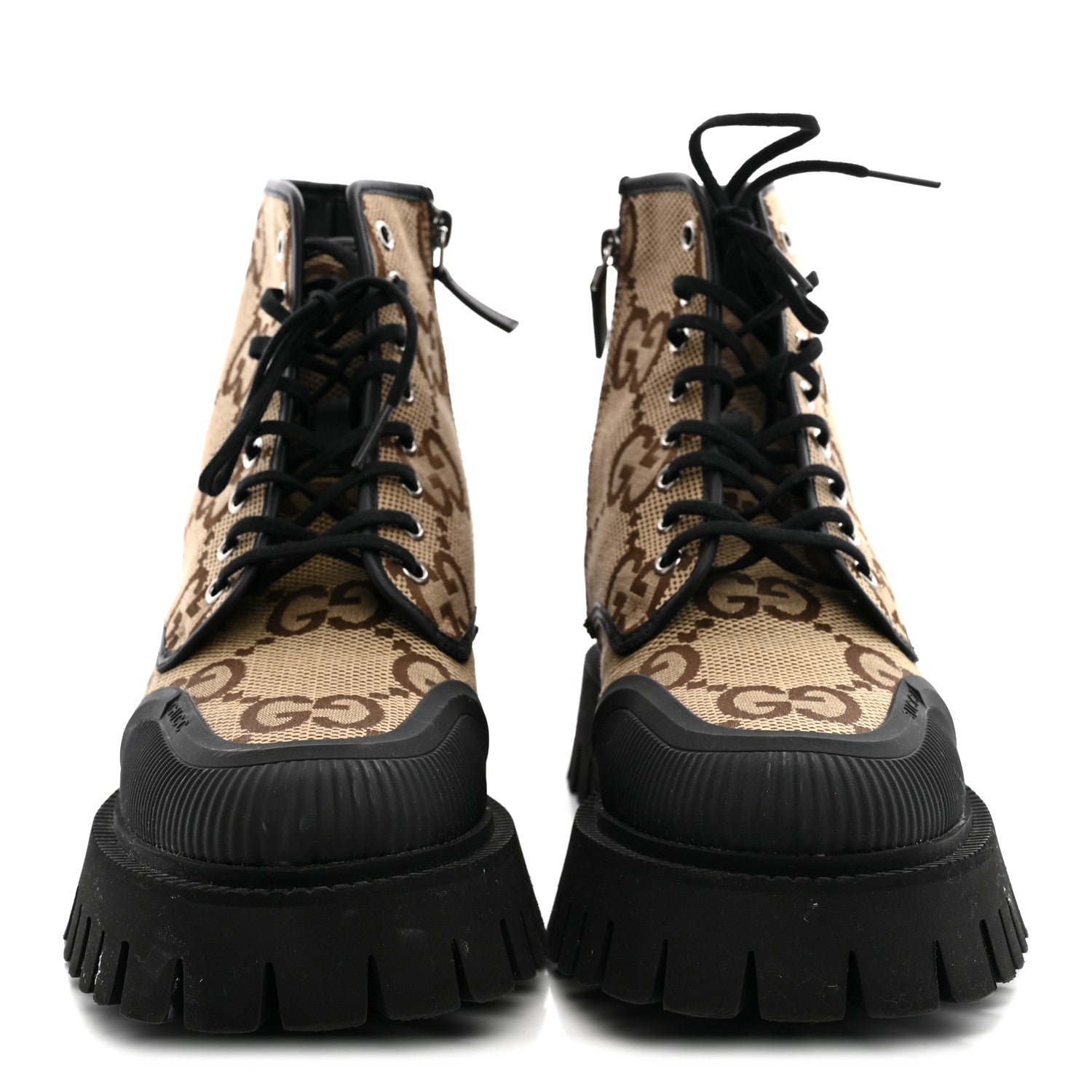 Gucci Monogram Jumbo GG Miro Soft Calfskin Mens Lace Up Combat Boots 8 Camel Ebony Black 3 of 11