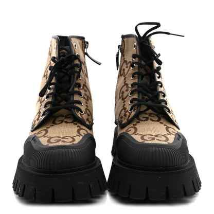 Gucci Monogram Jumbo GG Miro Soft Calfskin Mens Lace Up Combat Boots 8 Camel Ebony Black 3 of 11