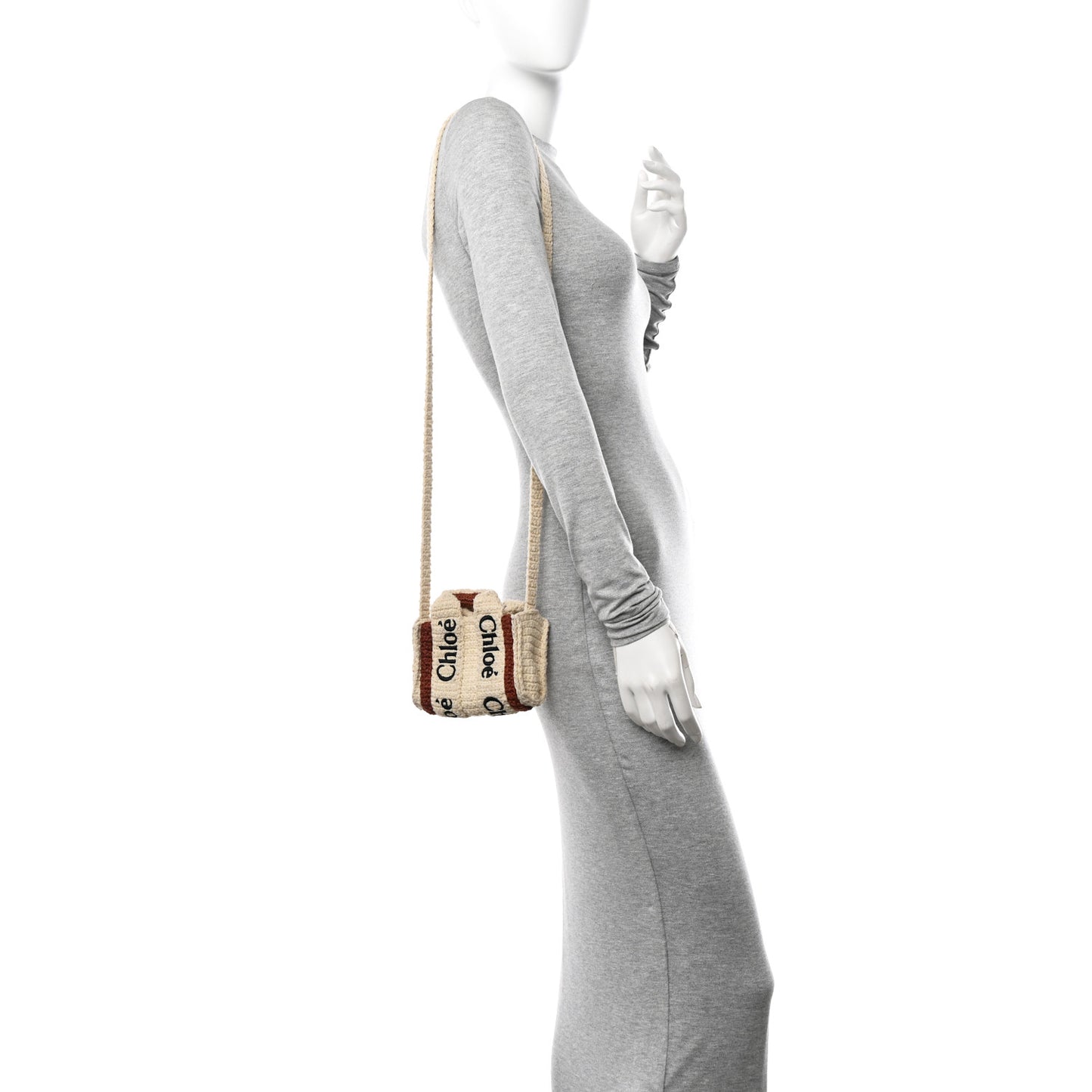 Crochet Mini Woody Ribbon Tote White Brown