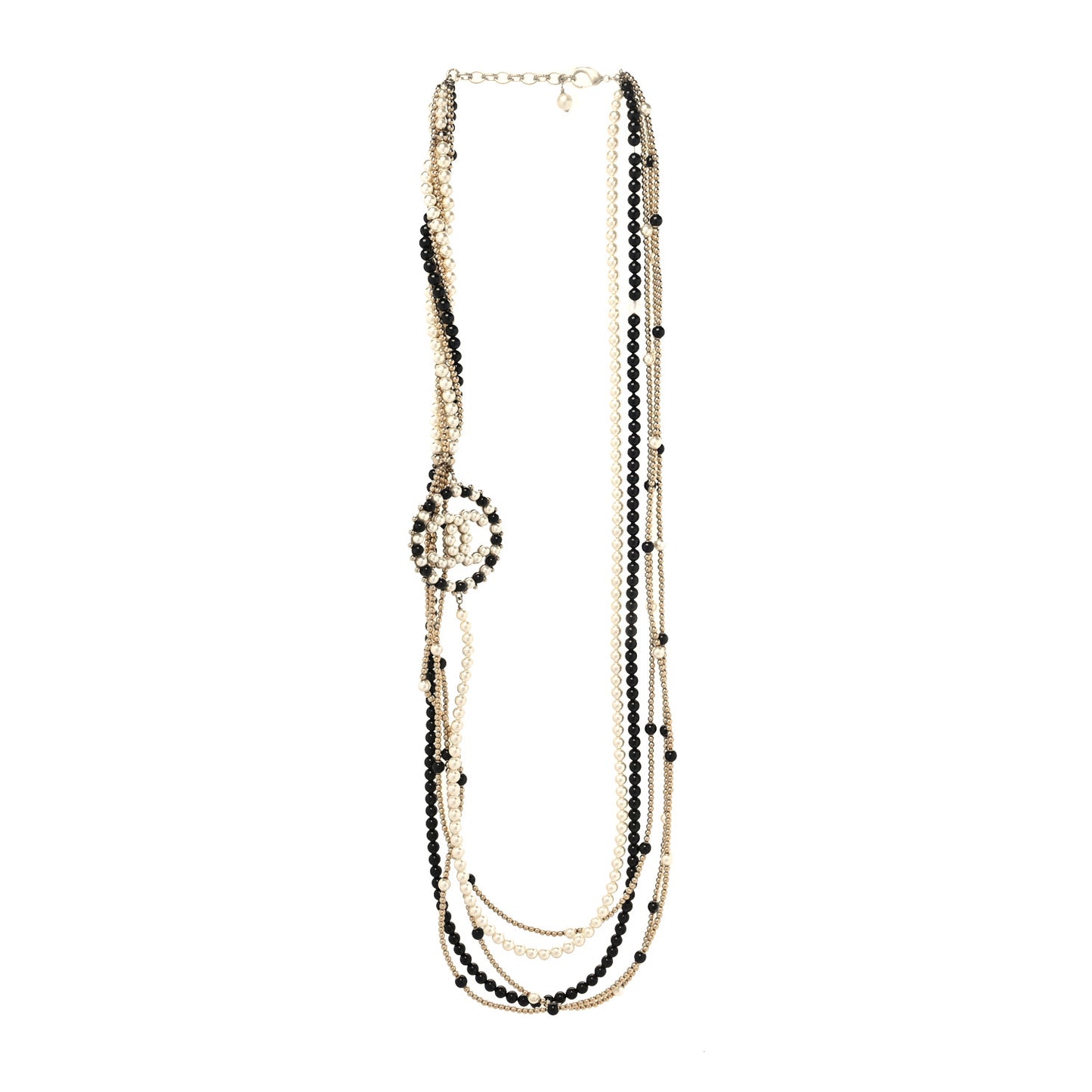 Pearl Beaded CC Multi Strand Long Necklace Black Gold