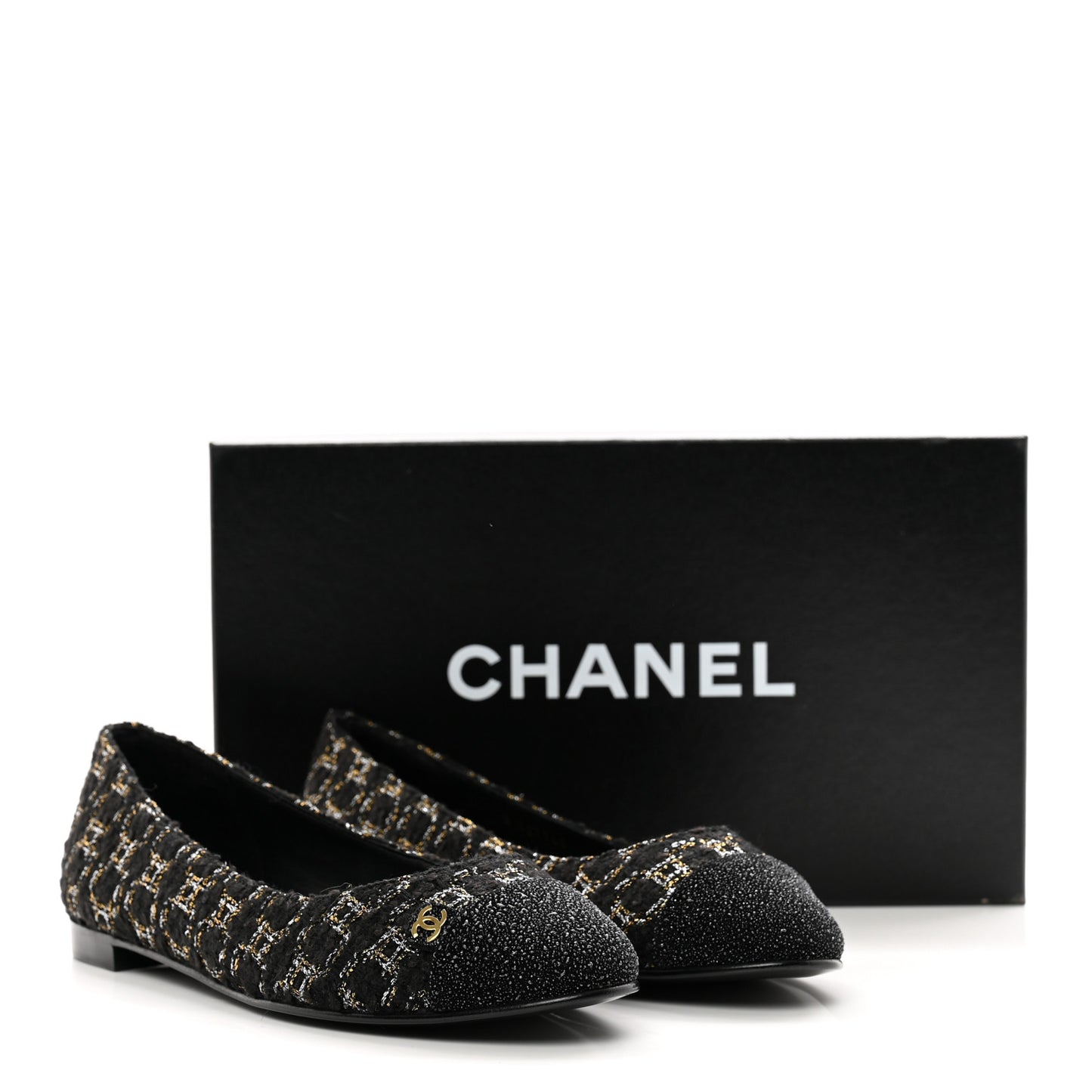 Tweed Cap Toe Ballerina Flats 36 Black