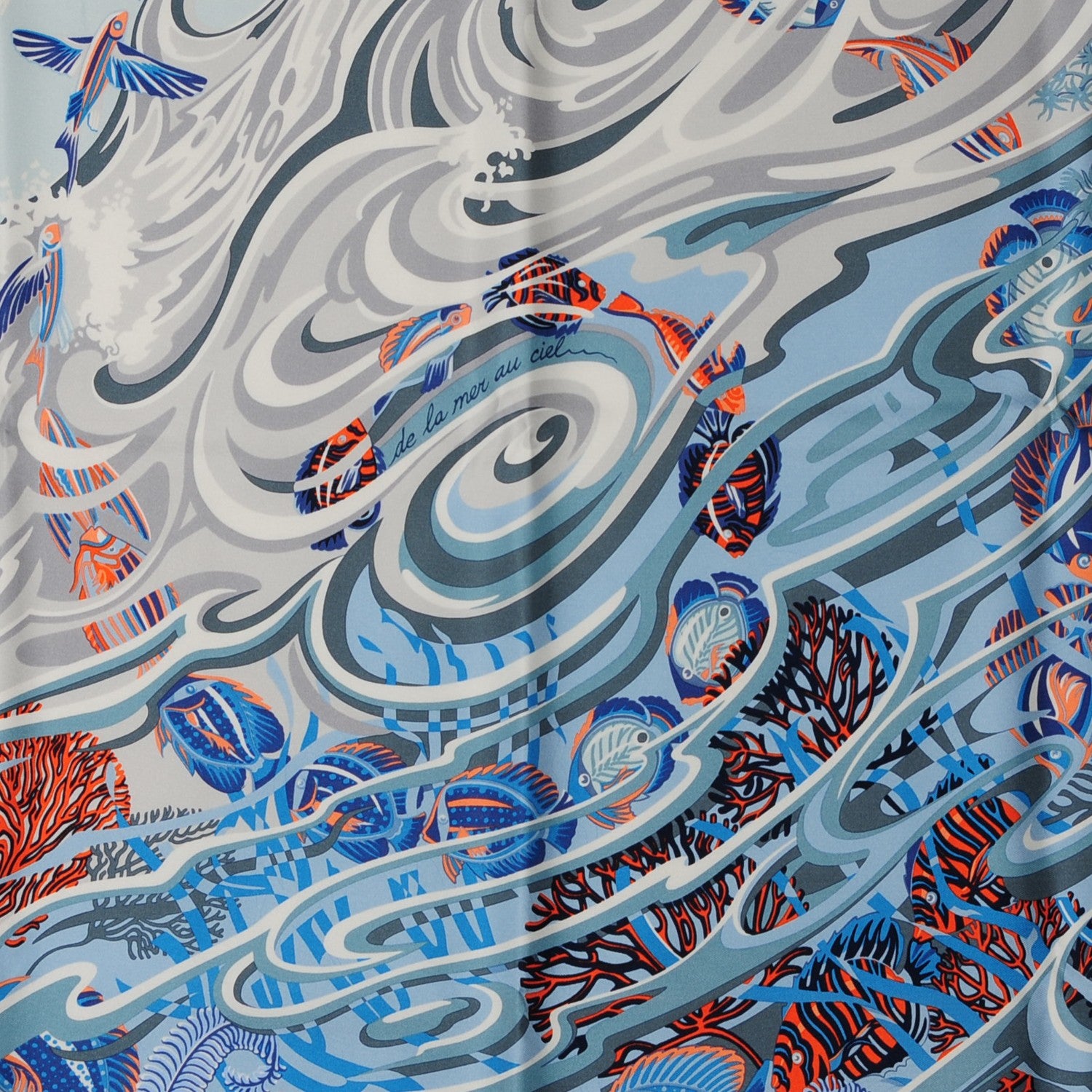 Hermes Silk De la Mer Au Ciel Scarf 90 Blue Jean Ceil Corail 1 of 6