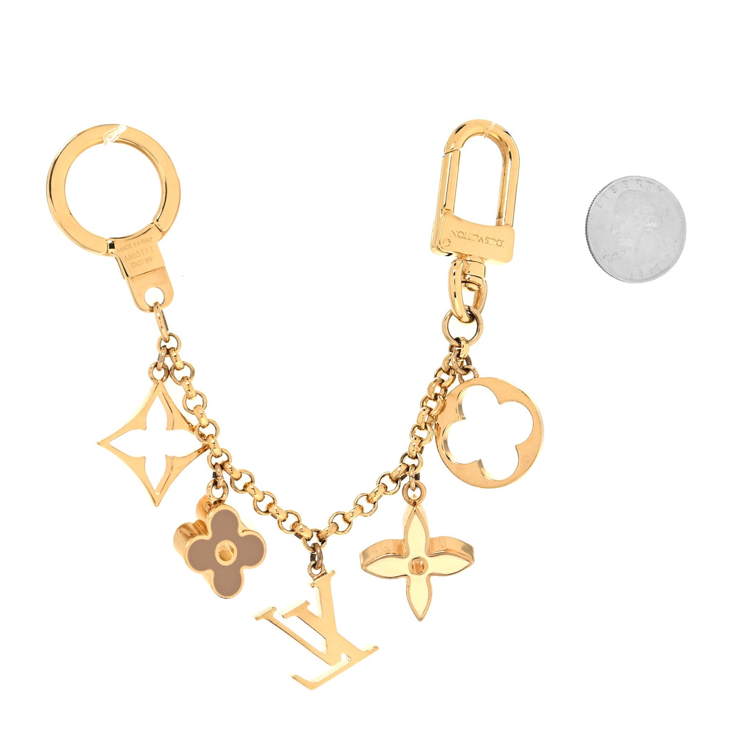 Brass Enamel Fleur De Monogram Bag Charm Chain Gold