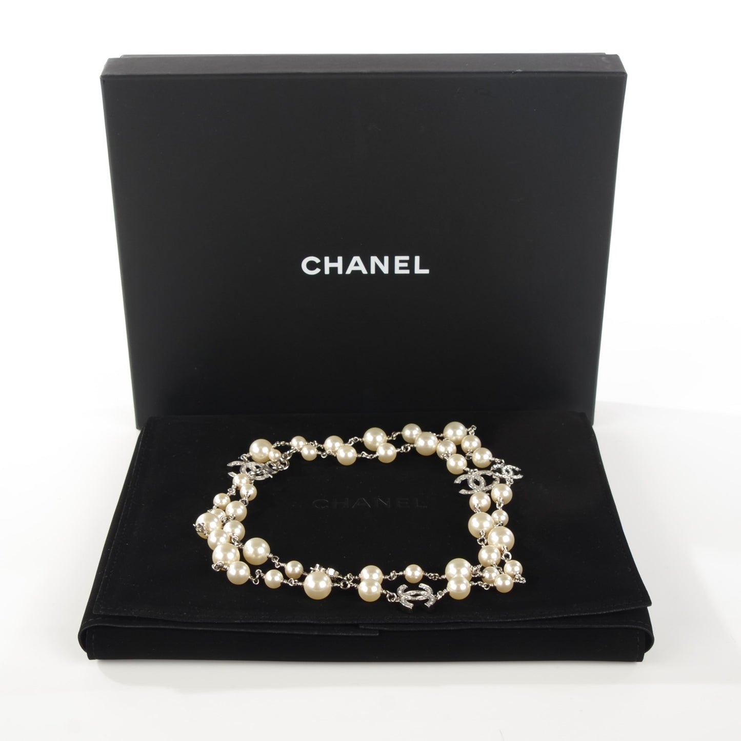 Crystal Pearl CC Long Necklace Silver