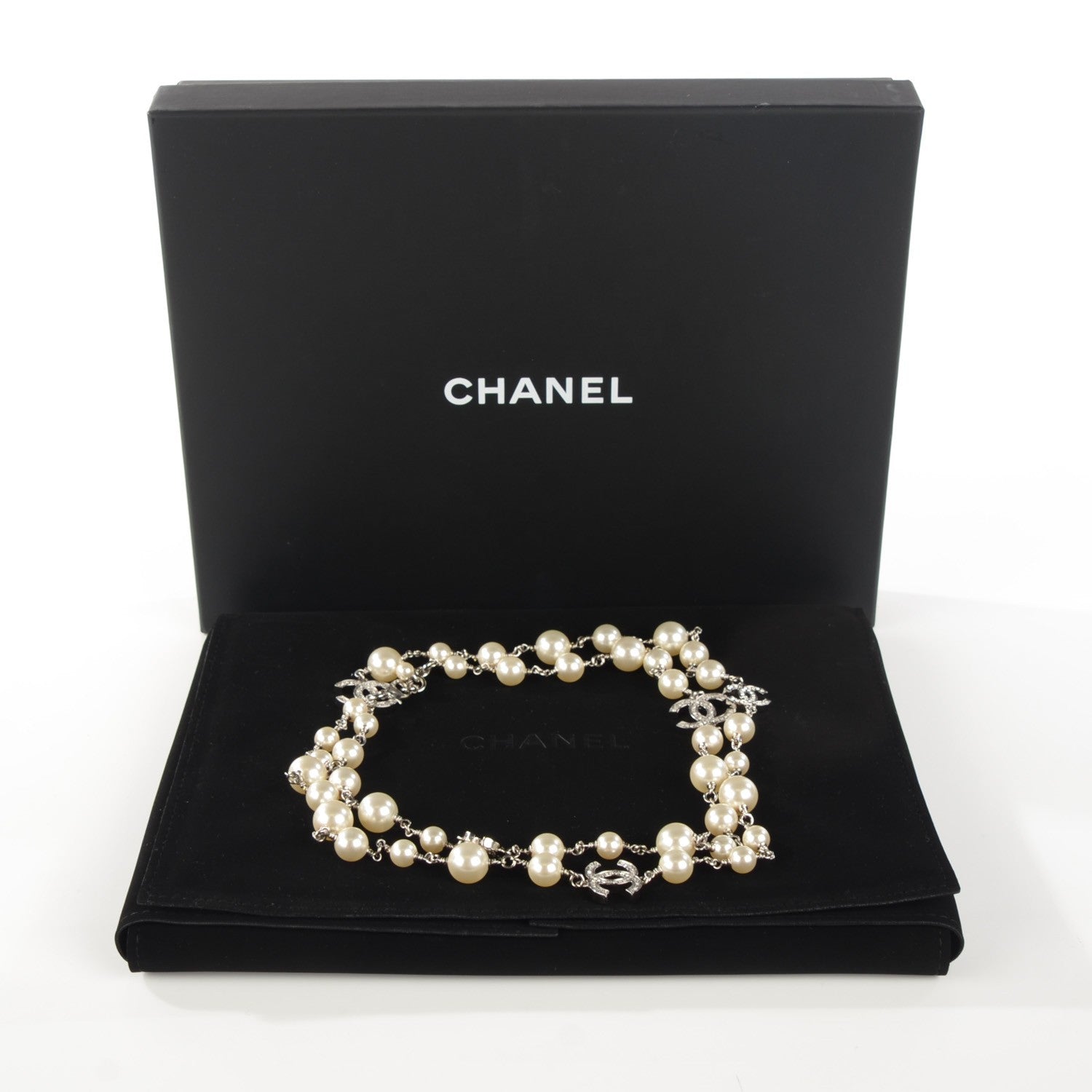 Chanel Crystal Pearl CC Long Necklace Silver 3 of 6