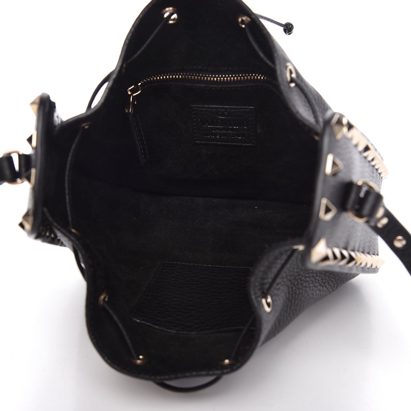 Grained Calfskin Rockstud Bucket Bag Black