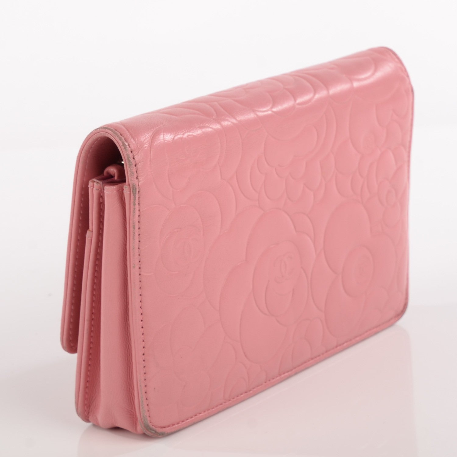 Chanel Lambskin Camellia Embossed Wallet on Chain WOC Pink 3 of 8