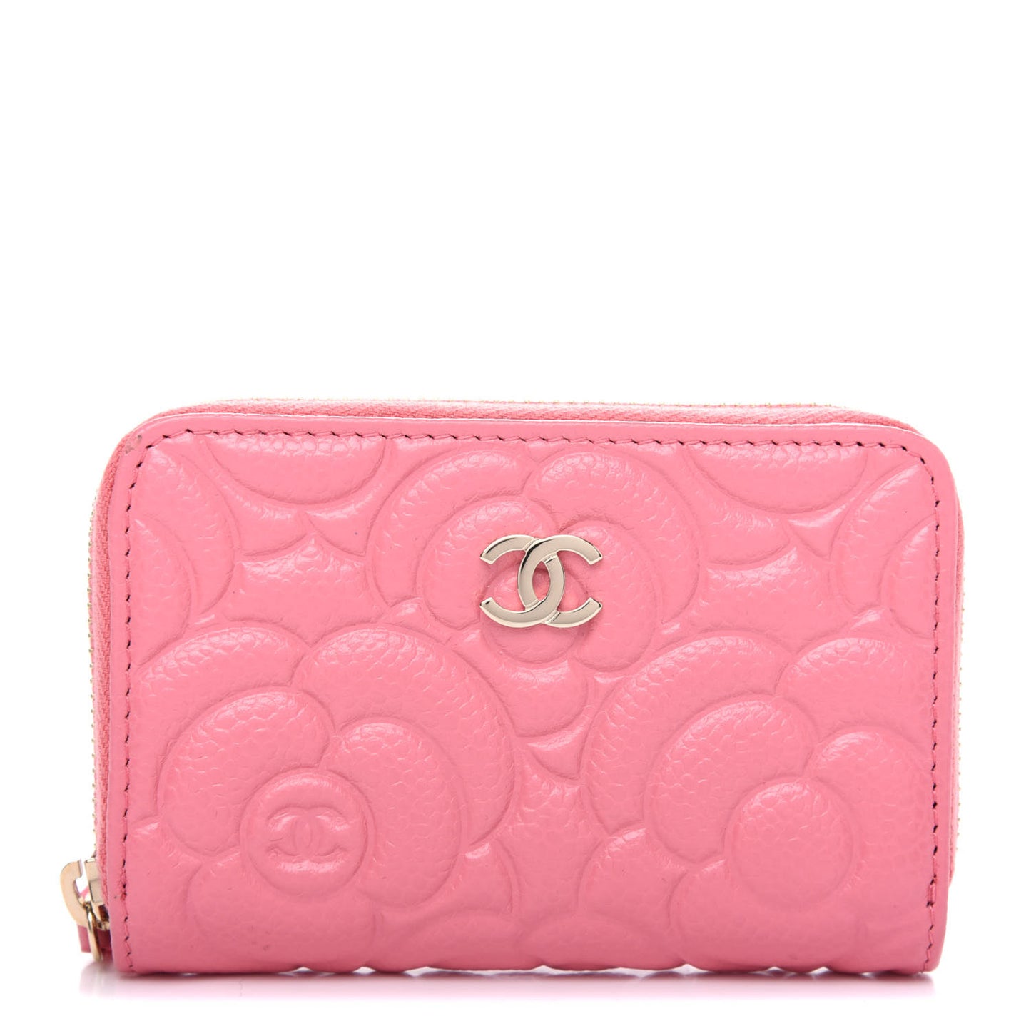 Caviar Camellia Embossed Zip Coin Purse Light Pink
