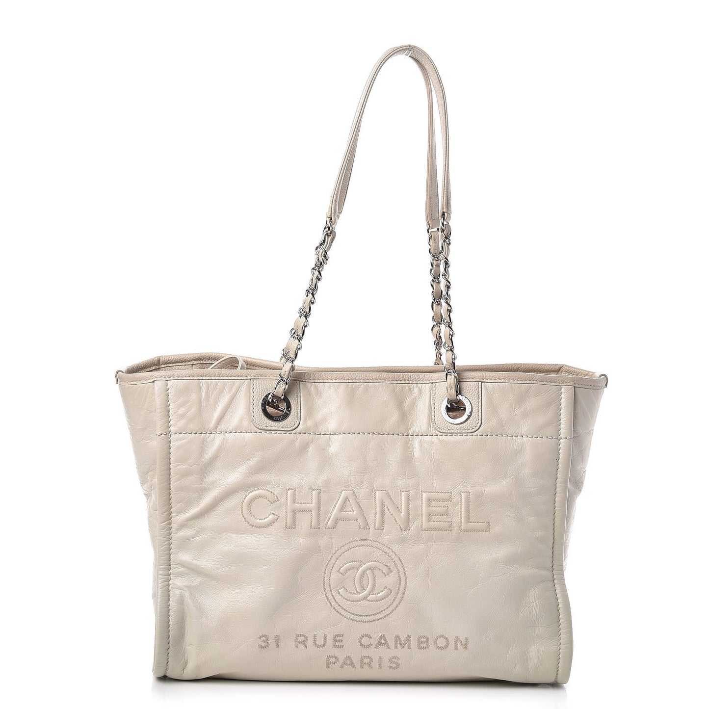 Glazed Calfskin Small Deauville Tote Ivory