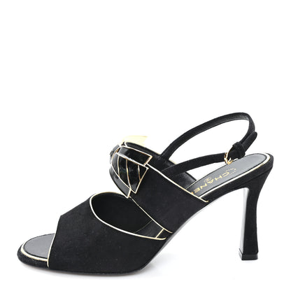 Chanel Suede CC Bow Slingback Pumps 37.5 Black Gold 1 of 9